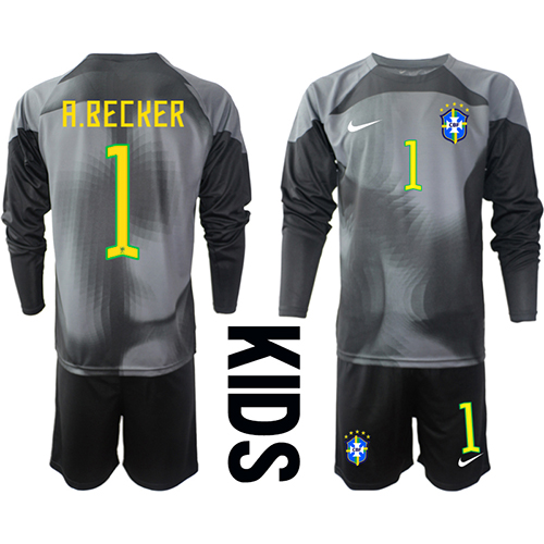 Fotbalové Dres Brazílie Alisson Becker #1 Brankářské Dětské Domácí MS 2022 Dlouhý Rukáv (+ trenýrky)
